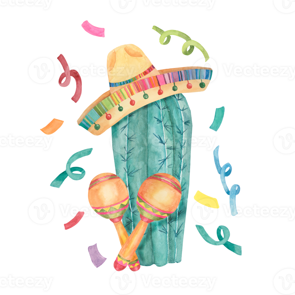 Cactus in sombrero with maracas and confetti. Watercolor illustration of cactus, hat, music instruments for Cinco de Mayo holiday. Clipart for printing, packaging, design. png