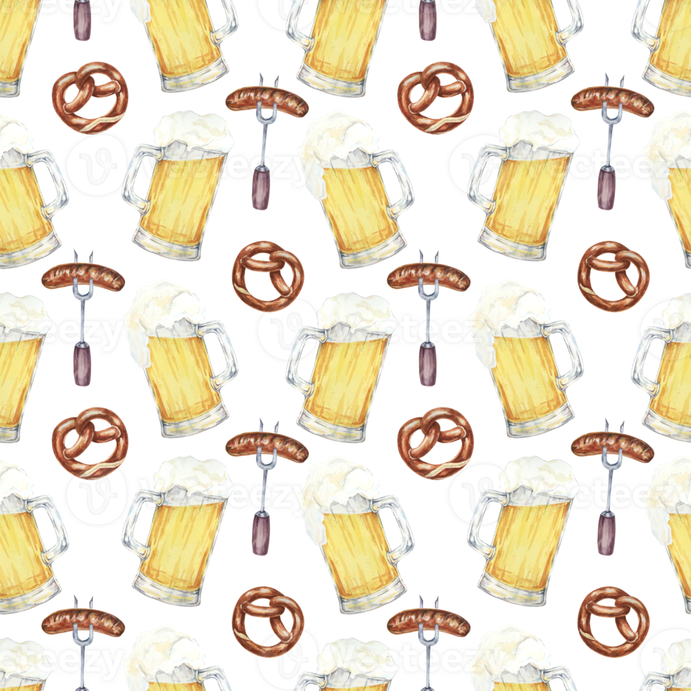 Watercolor seamless pattern featuring beer mugs, pretzels, and sausages. Ideal for party decorations, event promotions, themed apparel, and festive merchandise for Oktoberfest png