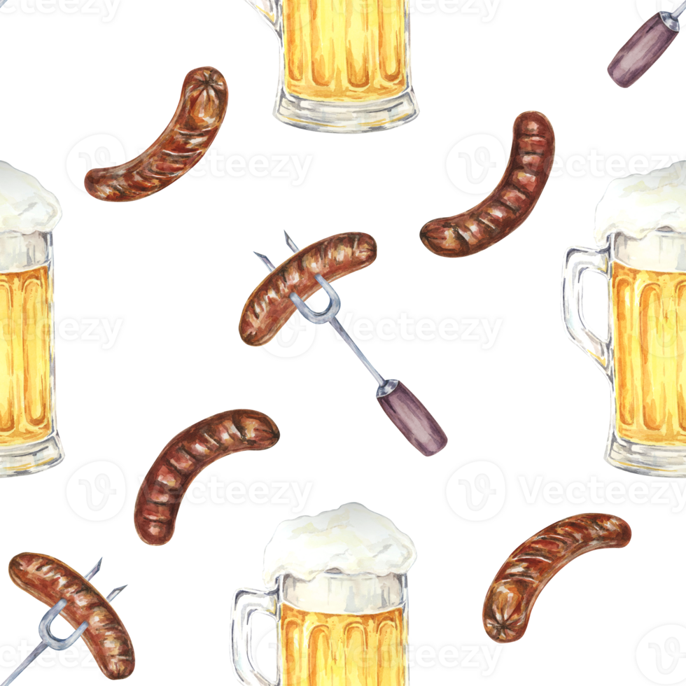 Watercolor seamless pattern with beer mugs and sausages. Background clipart for event promotions, party decorations, themed textiles, and festive merchandise for Oktoberfest celebrations png