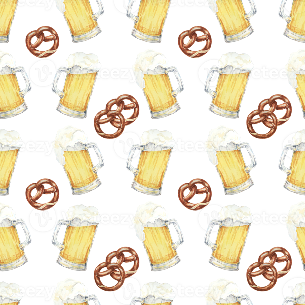 Beer mugs and pretzels backdrop. Watercolor seamless pattern clipart for festive event invitations, party decorations, themed apparel, and Oktoberfest-inspired merchandise and tablecloths png