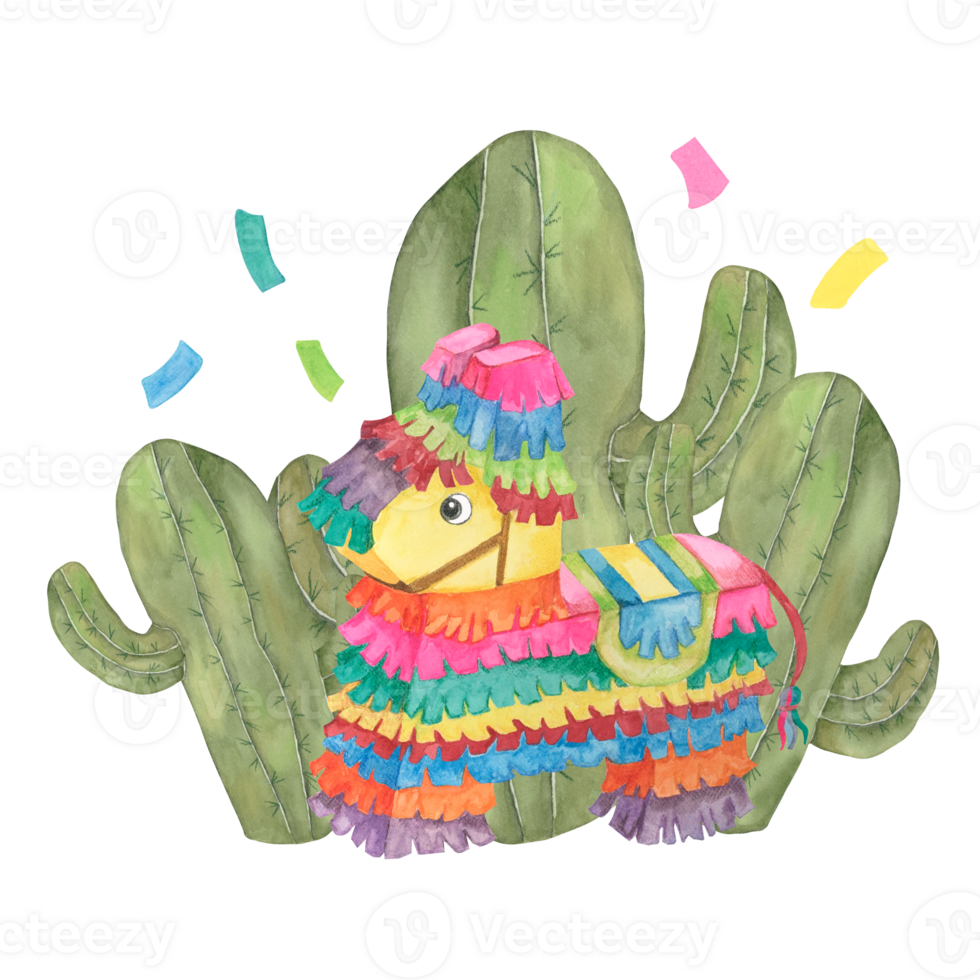 Donkey pinata and three cacti in watercolor. Illustration of the traditional party object with confetti. Clipart . Design for cards printing, packaging, Cinco de Mayo png