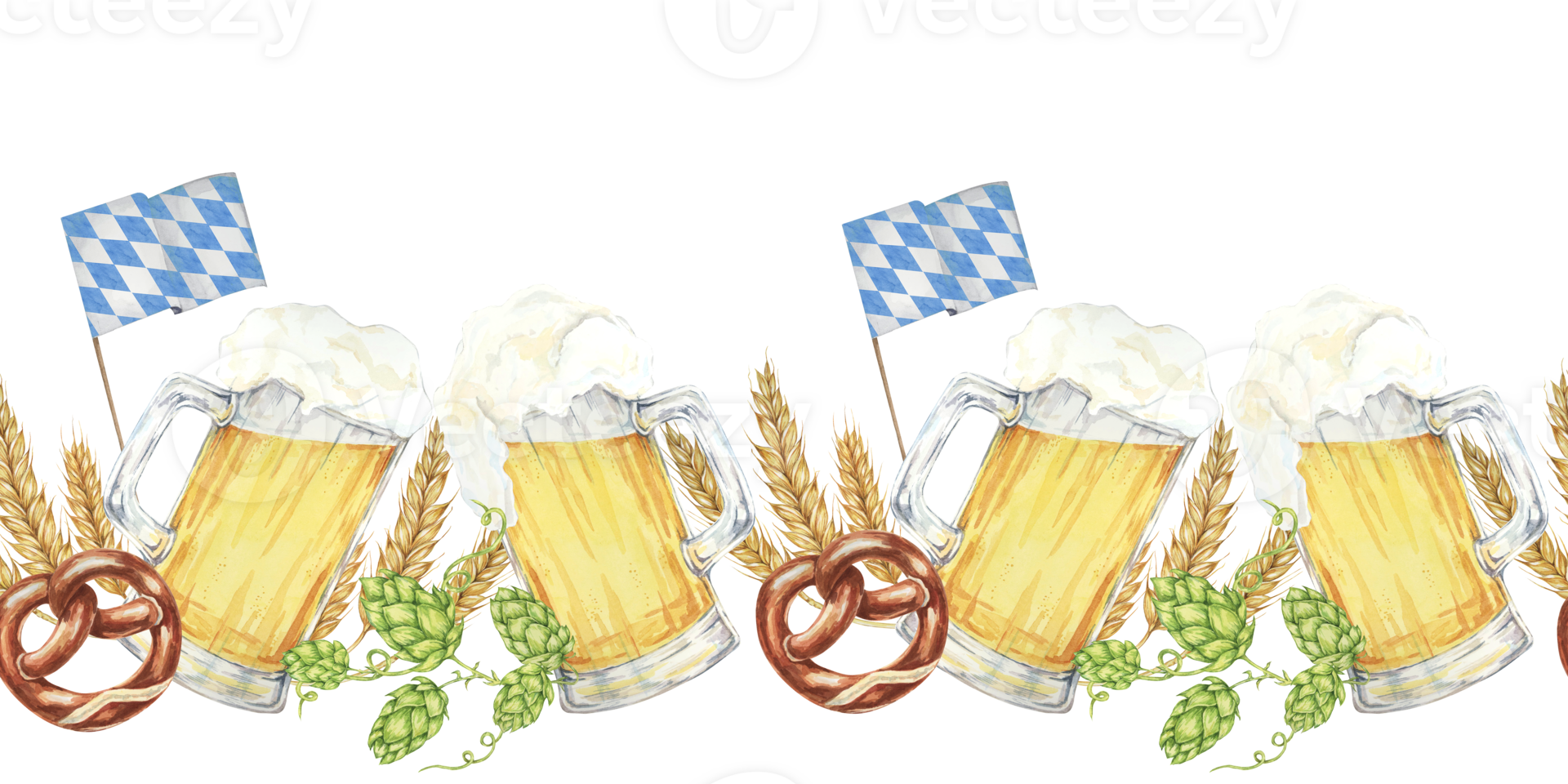 Beer mugs with foam, pretzels, hops, barley, and Bavarian flags banner clipart. Watercolor seamless border for creating Oktoberfest promotional materials, bar menus, and festive party invitations. png