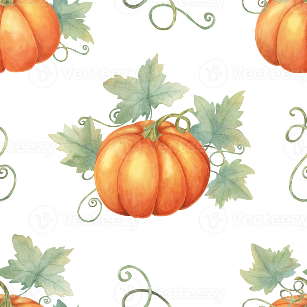 Orange pumpkins with lush green leaves clipart. Seamless watercolor pattern Ideal for creating festive tablecloths, fall-themed merchandise, wallpaper, and eco-friendly packaging. png