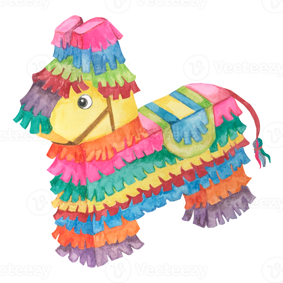 Colorful paper pinata in watercolor. Bright traditional party object designed as donkey with candy. Aquarelle clipart . designs for cards, printing, cinco de mayo png