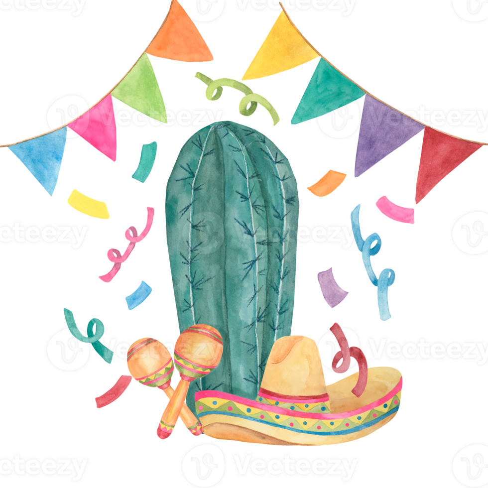 Cactus with sombrero, confetti and maracas. Watercolor illustration of succulent in a hat with music instruments for Cinco de Mayo holiday. Clipart for printing, packaging, design png