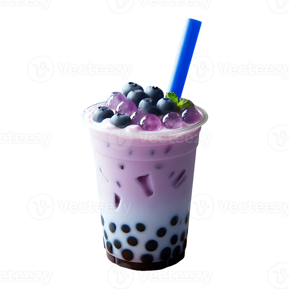 Blueberry flavor boba tea on a plastic glass with a straw on a transparent background png