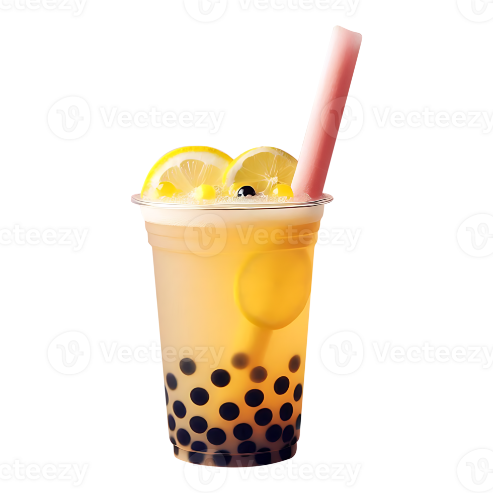 Lemon boba tea on a plastic glass with a straw on a transparent background png