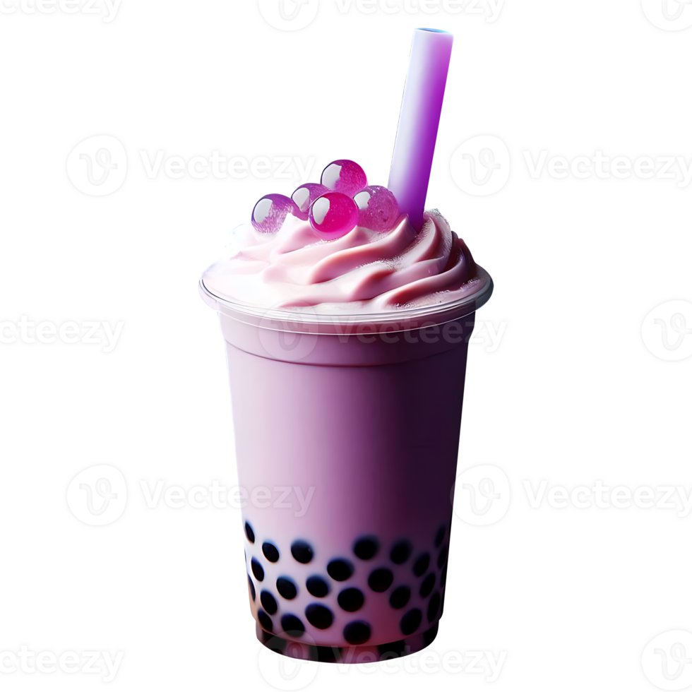 Purple boba tea on a plastic glass with a straw on a transparent background png
