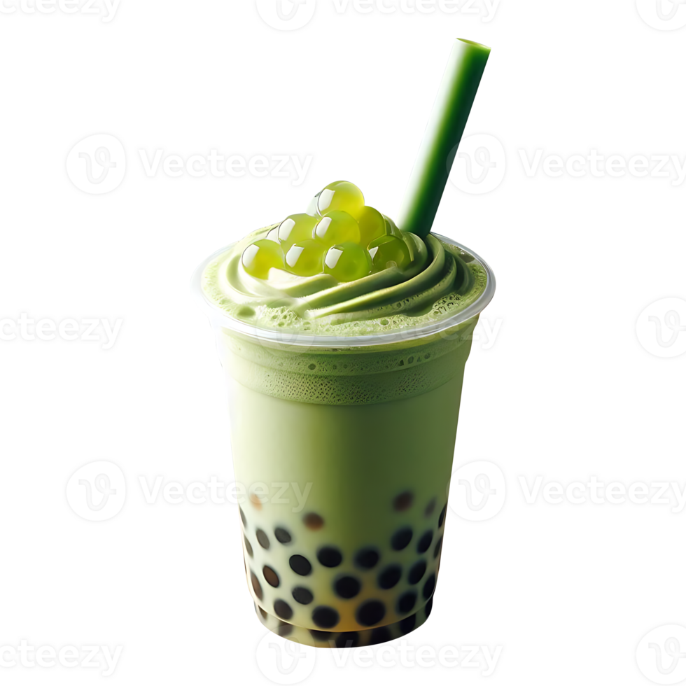 Matcha boba tea on a plastic glass with a straw on a transparent background png