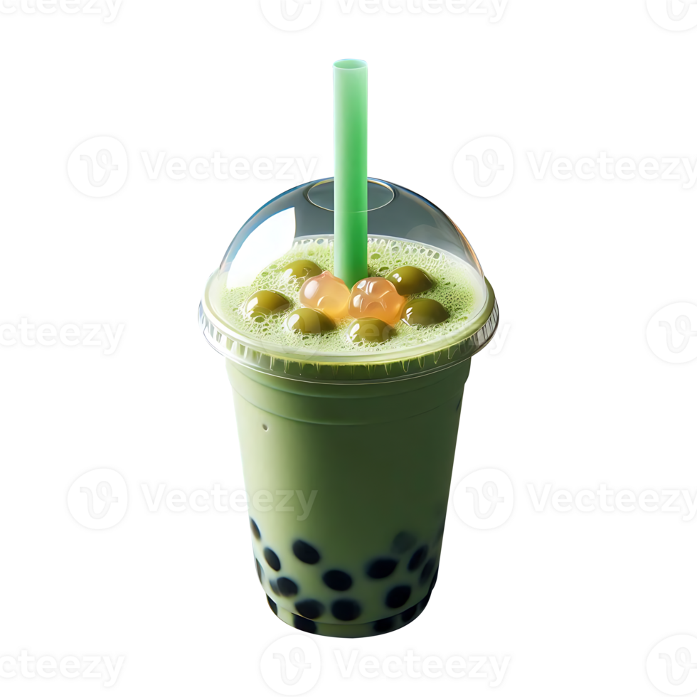 Matcha boba tea on a plastic glass with a straw on a transparent background png