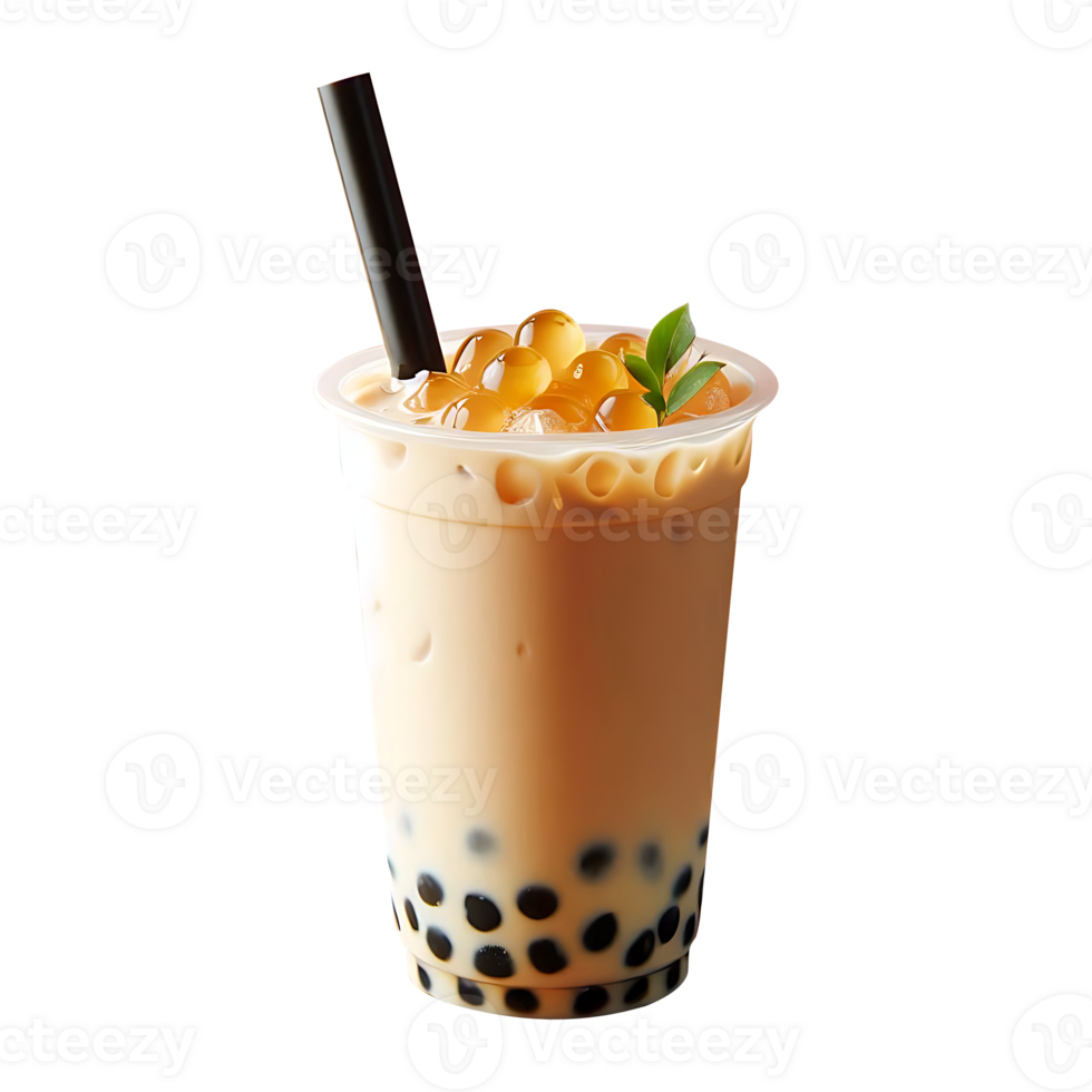 Oolong milk boba tea on a plastic glass with a straw on a transparent background png