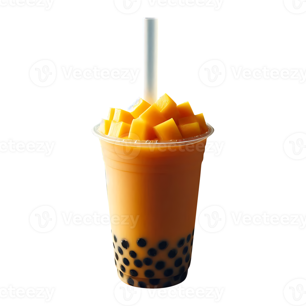 Mango bubble tea on a plastic glass with a straw on a transparent background png