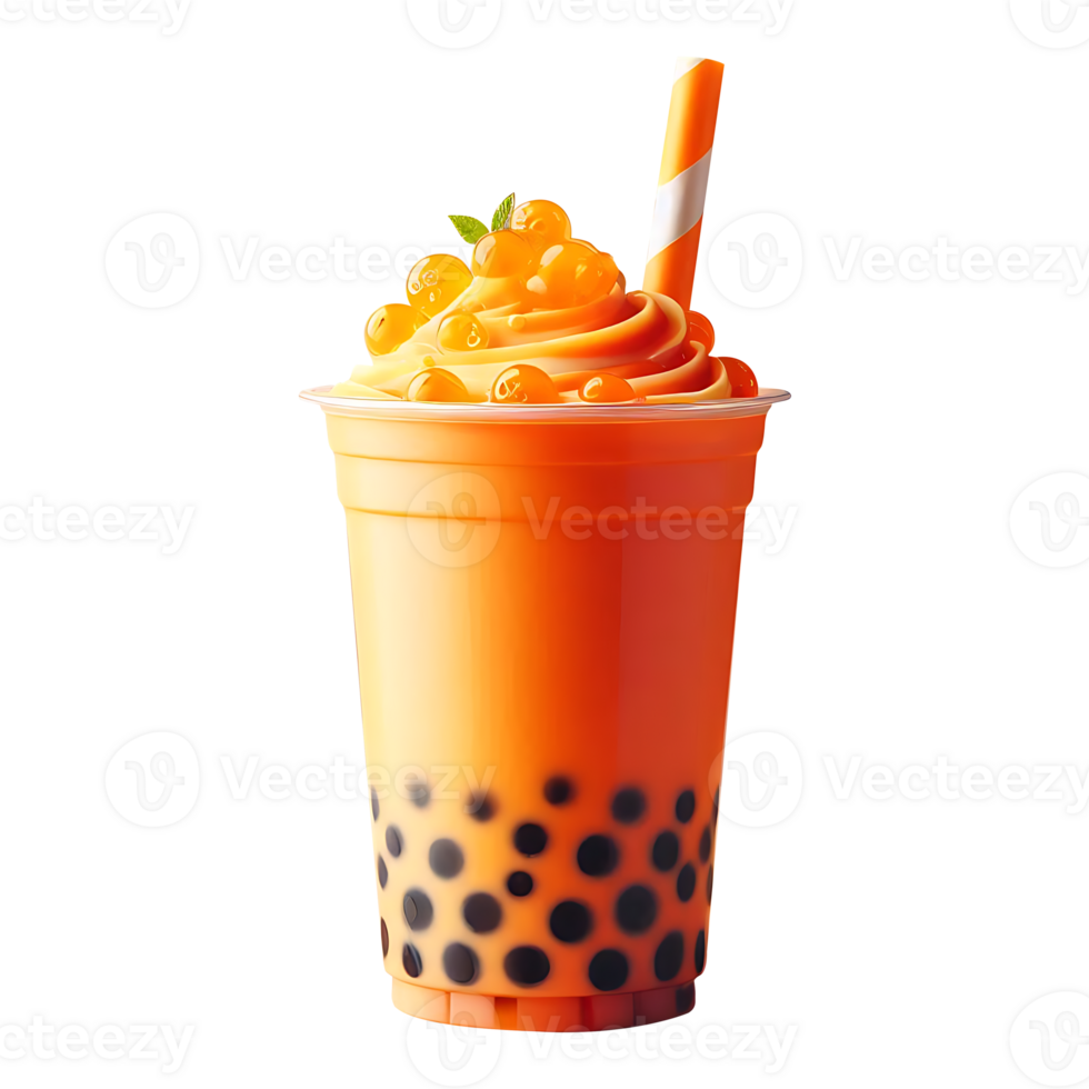 Orange flavor boba tea on a plastic glass with a straw on a transparent background png