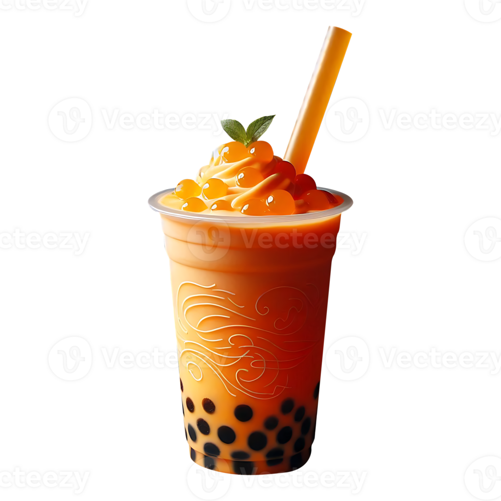 Orange flavor tea on a plastic glass with a straw on a transparent background png
