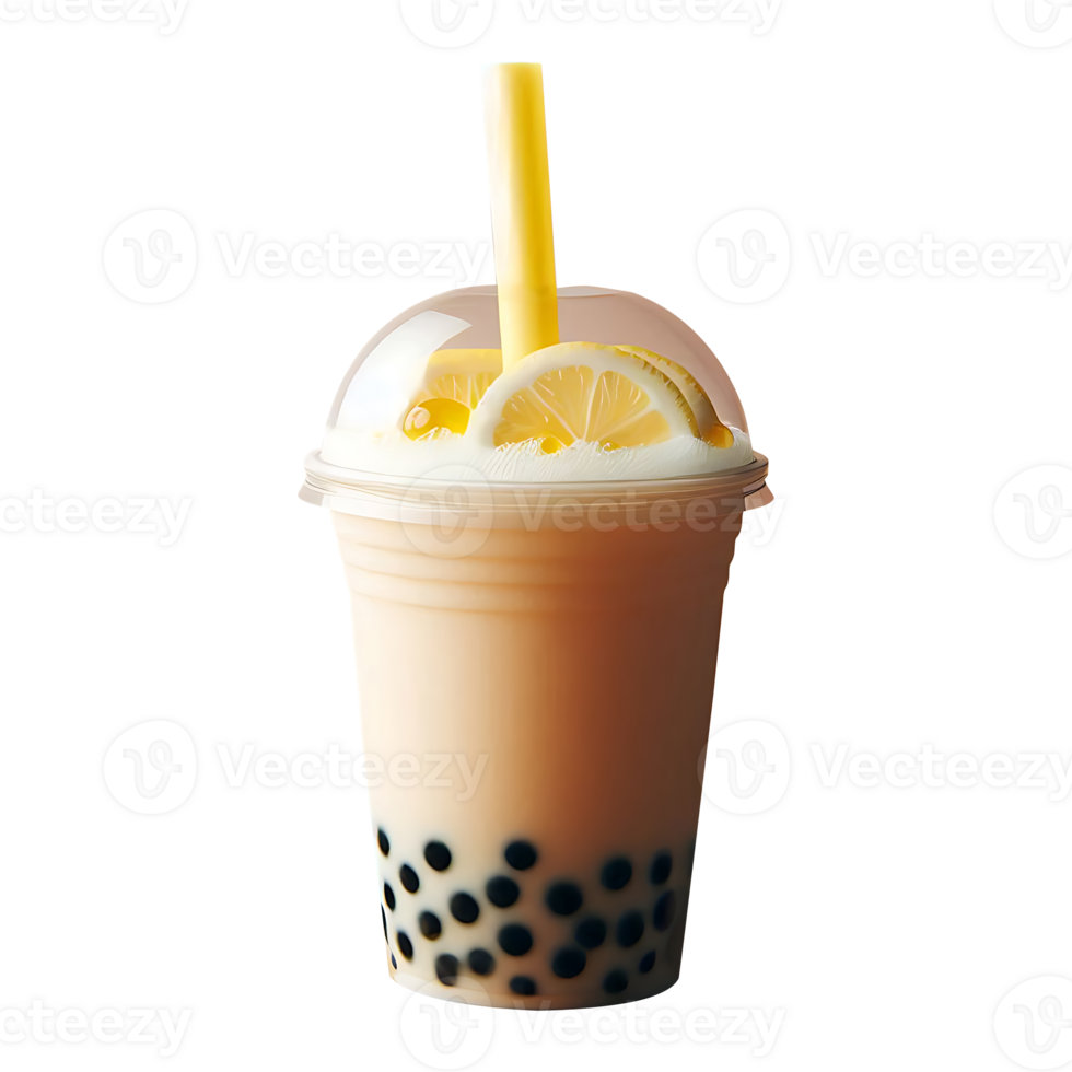 Lemon boba tea on a plastic glass with a straw on a transparent background png
