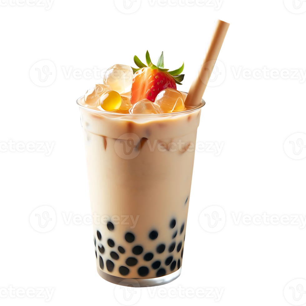 Oolong milk tea on a plastic glass with a straw on a transparent background png