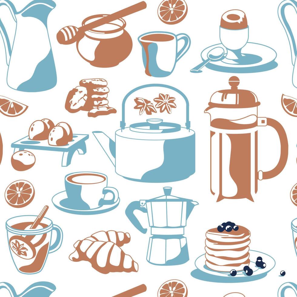 Pattern of traditional breakfast. Blue and brown colors. flat illustration. Cafe and restaurant menu. vector