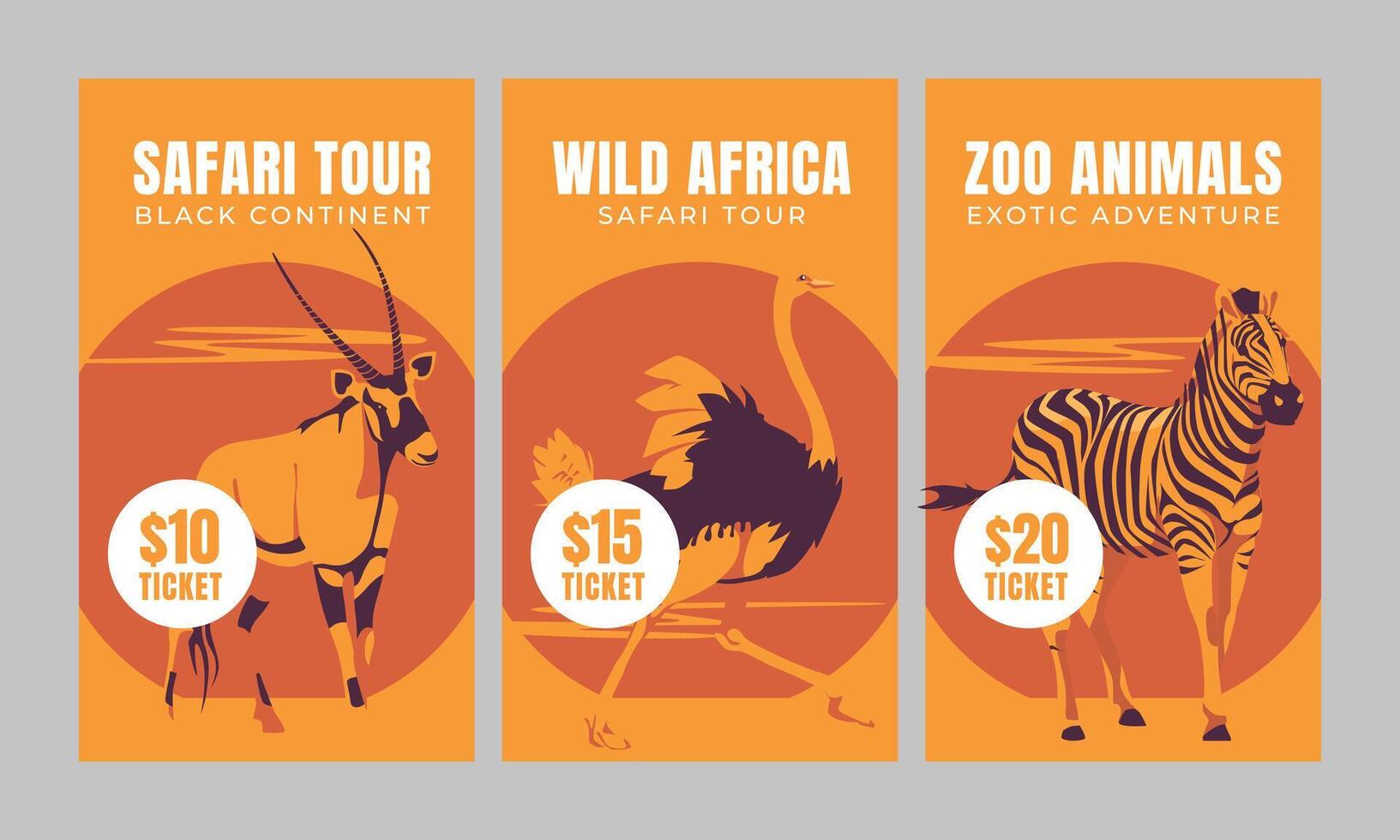 Three vertical banners with wild African animals. Yellow and orange. flat illustration. Zoo and tourism vector