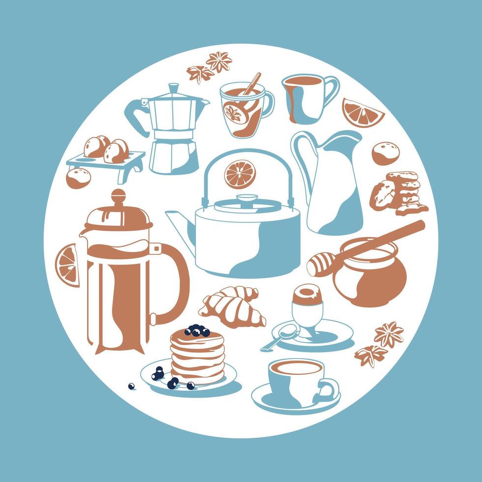 Square and round set of traditional breakfast. Blue and brown colors. flat illustration. Cafe and restaurant menu. vector