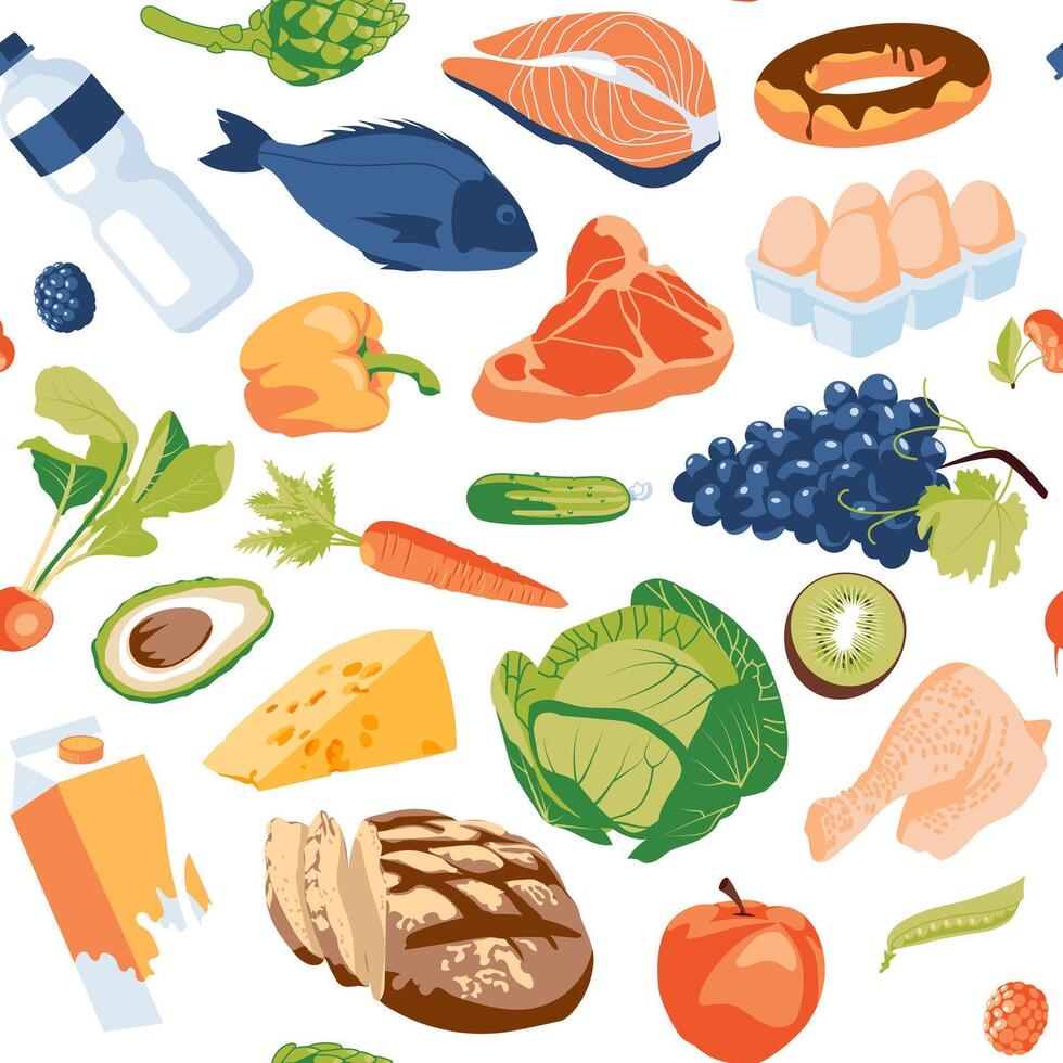 Pattern of grocery store elements. Advertising of goods in a supermarket. Fresh healthy vector