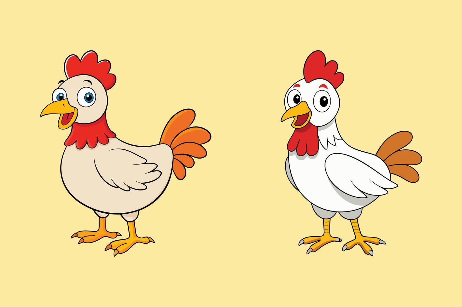Set of funny cartoon red and orange chicken, hen in various poses, illustration vector