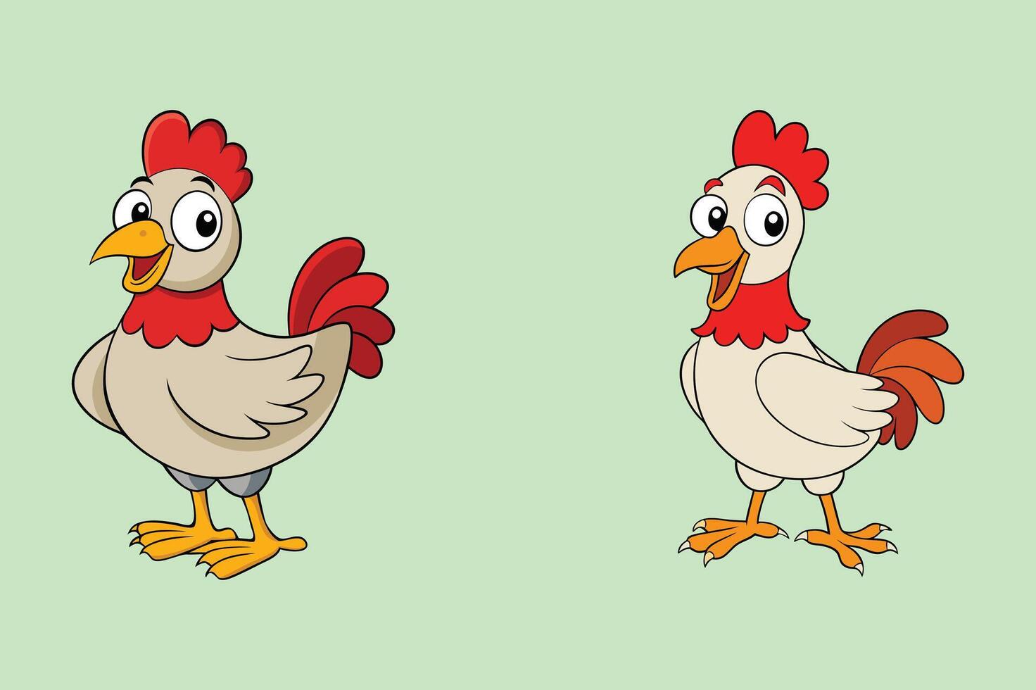 Set of funny cartoon red and orange chicken, hen in various poses, illustration vector