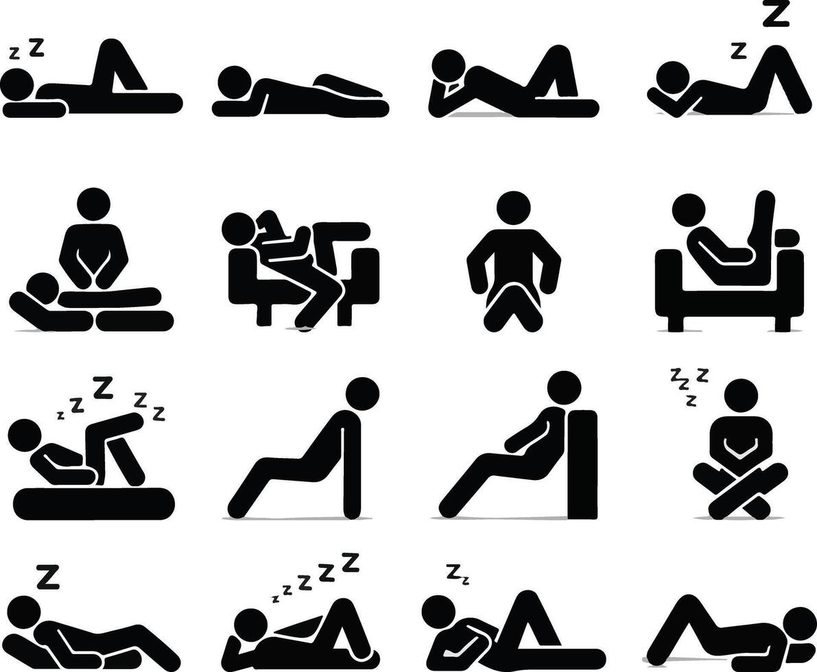 Stick Figure Man Lying Down Various Positions Icon Set - Sleeping, Laying, Sitting on Floor, Ground Side View vector