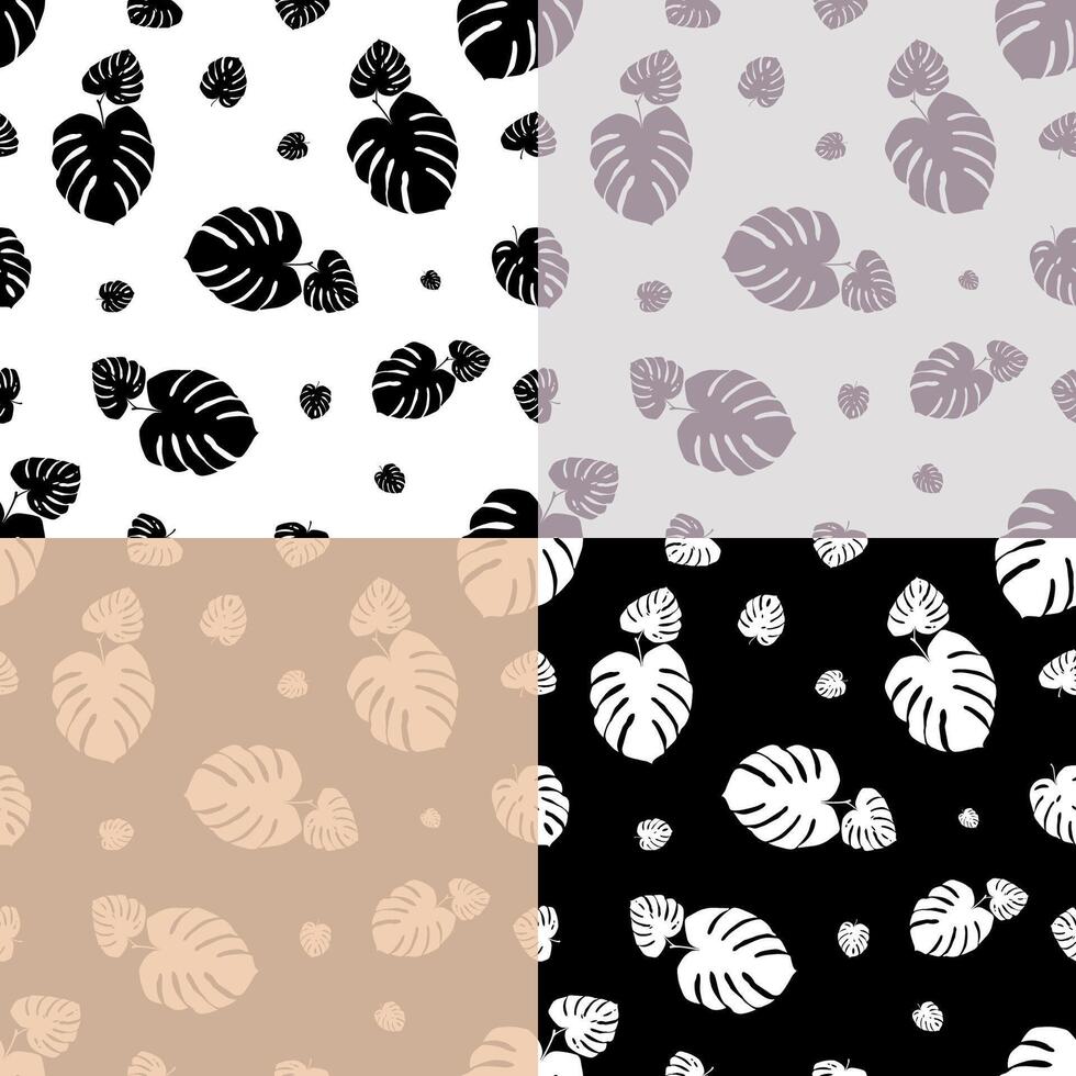 set of seamless patterns with silhouettes of tropical plant Monstera leaves. Ornament for decoration and printing on fabric. Design element. vector
