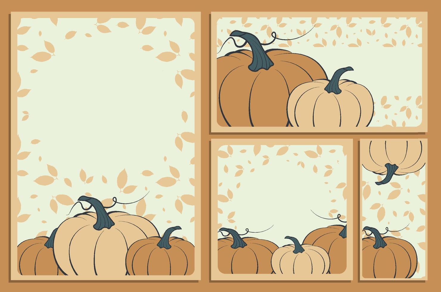 set of template invitation cards for celebration with orange pumpkin fruit. Beige shades. Frames with leaves. vector