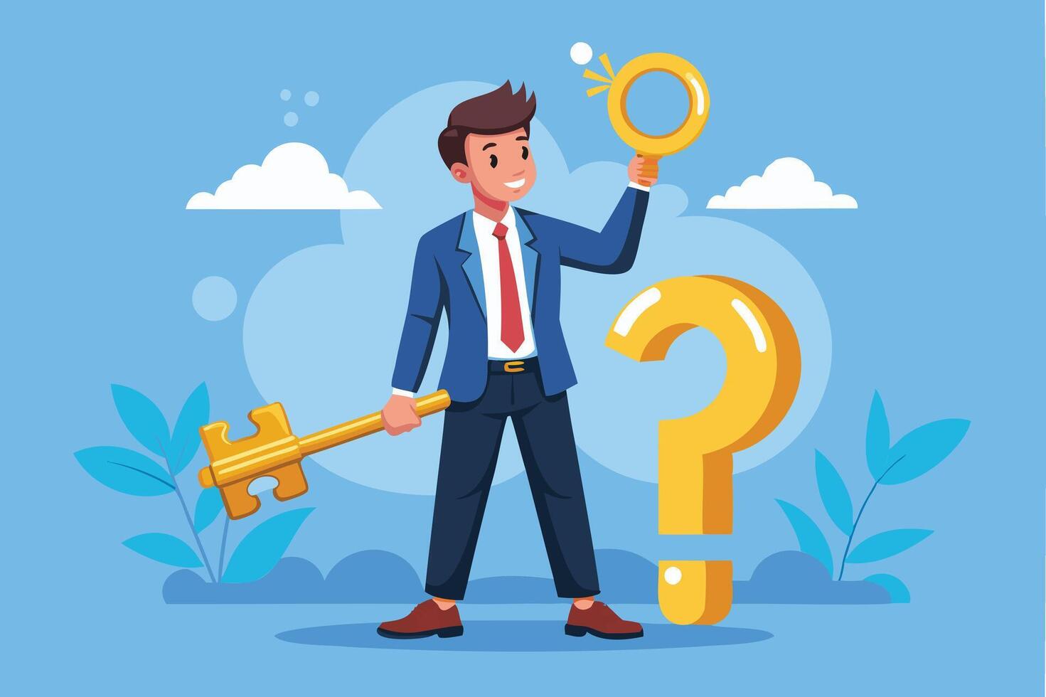 Businessman Holding Golden Key to Unlock Question Mark, Symbolizing Problem-Solving and Wisdom vector