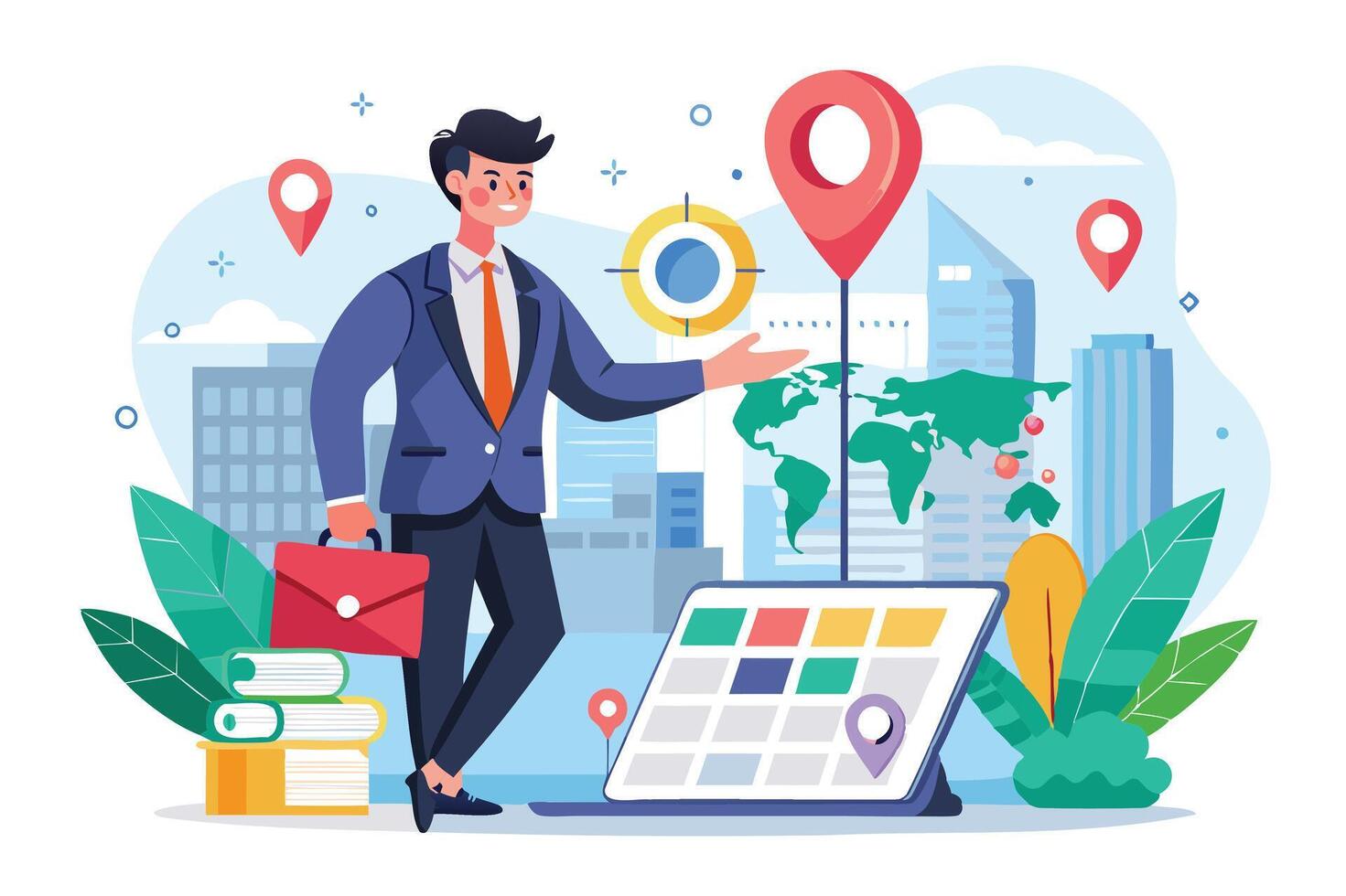 Businessman Founder Pinning Company Office Location on Search Engine Map, Establishing New Business Venture and Creating Corporate Presence vector