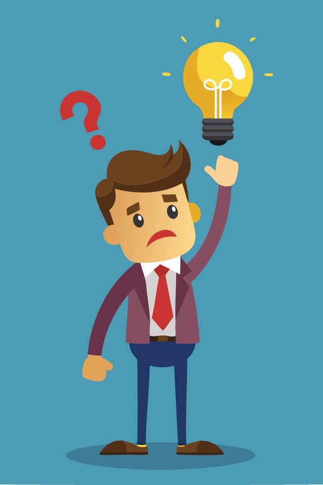 Bad Idea Leads to Failure, Confused Businessman Doubts Evil Lightbulb, Symbolizing Rejected and Negative Opinions vector