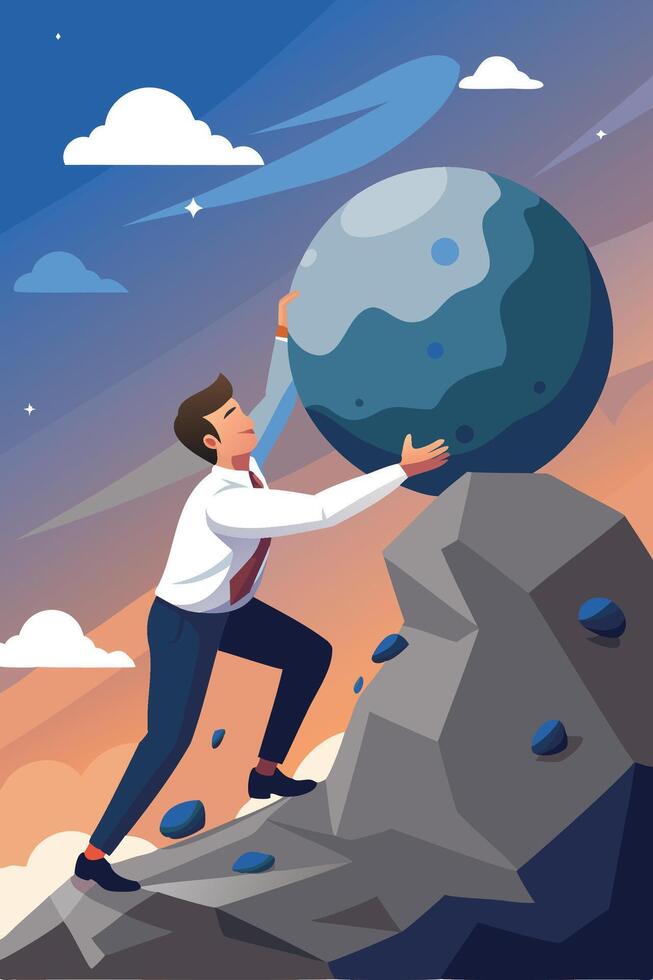 Ambitious Businessman Pushing Heavy Boulder Uphill, Demonstrating Perseverance, Grit, and Persistence in Achieving Success and Goals vector