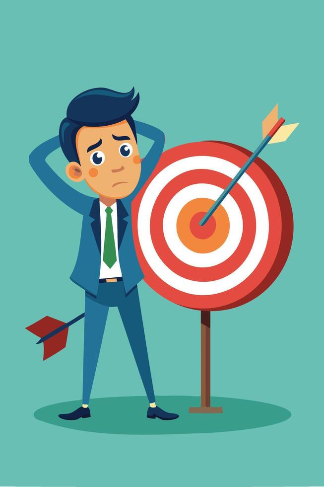 Archery Failure, Disappointed Businessman Misses Target, Losing Opportunities and Facing Despair vector