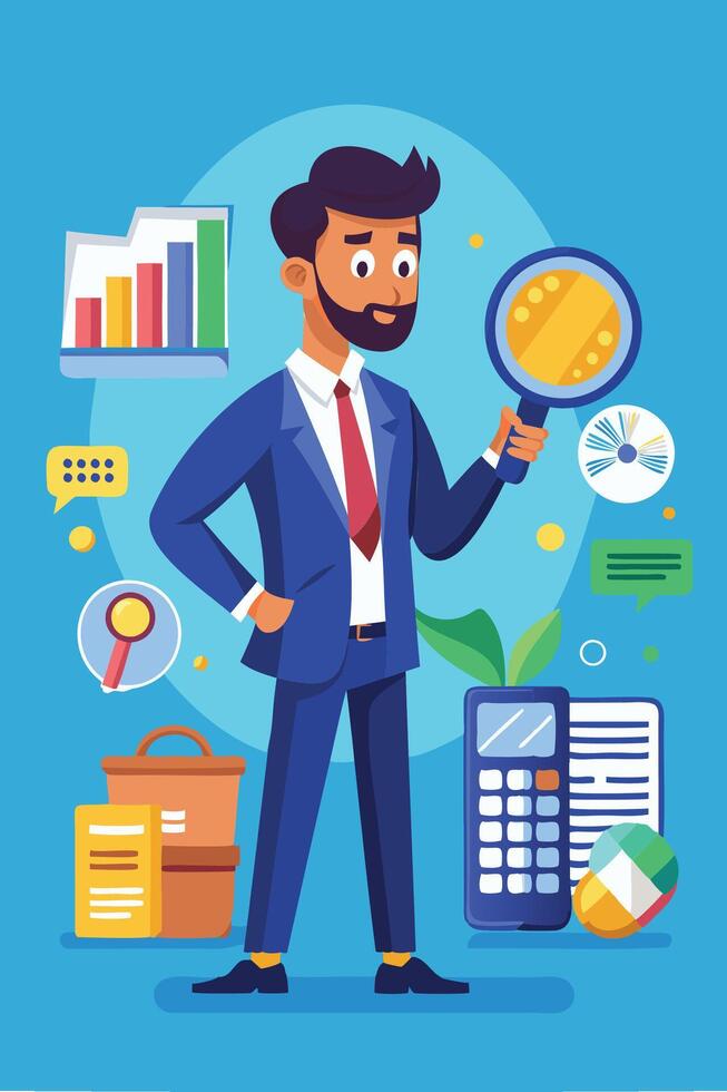 Analyzing Financial Expenses, Smart Businessman Scrutinizes Budget, Income Tax, and Invoices with Magnifying Glass vector