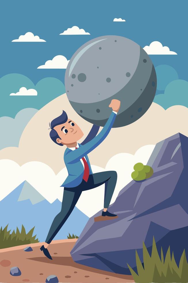 Ambitious Businessman Pushing Heavy Boulder Uphill, Demonstrating Perseverance, Grit, and Persistence in Achieving Success and Goals vector