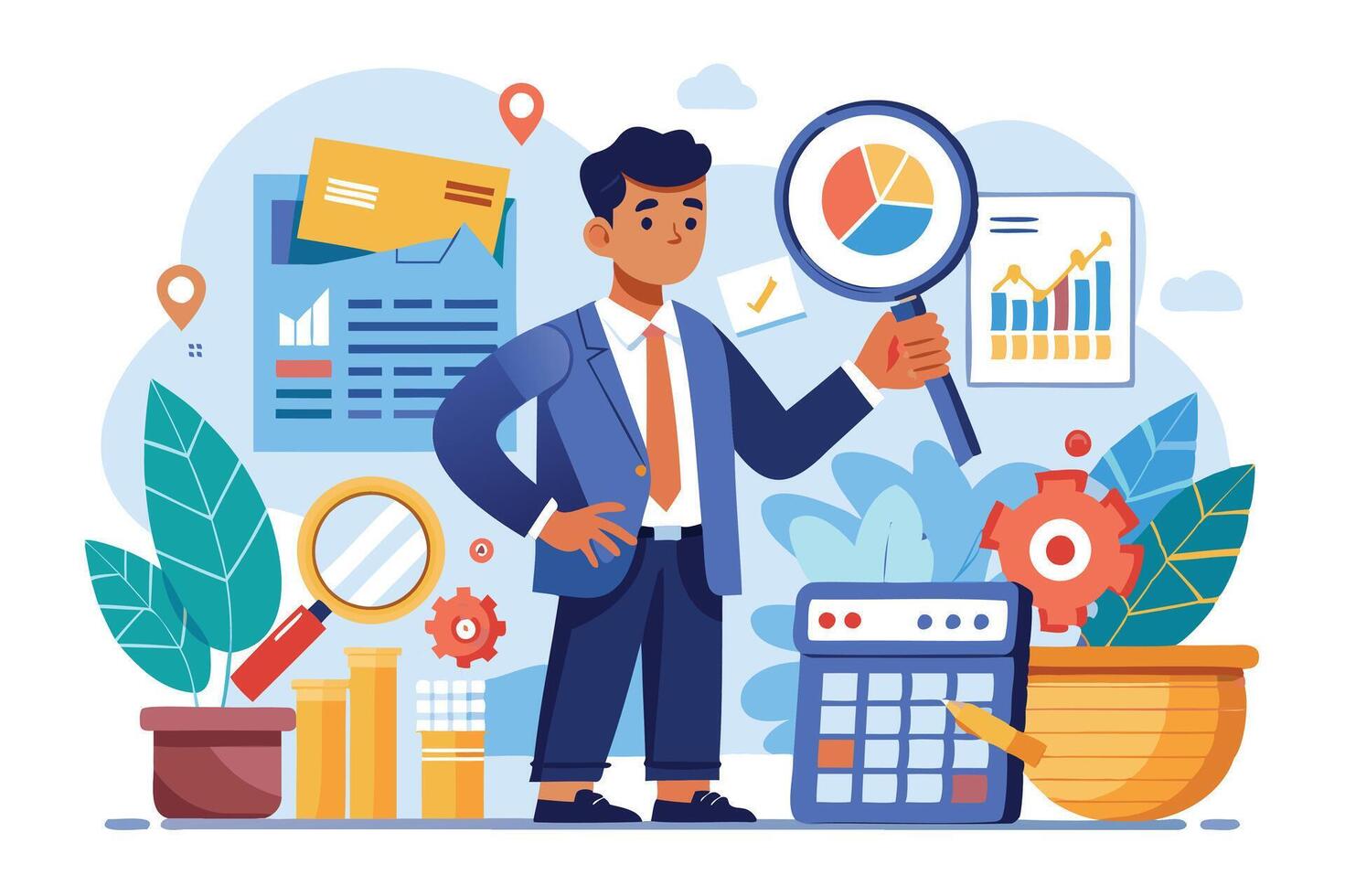 Analyzing Financial Expenses, Smart Businessman Scrutinizes Budget, Income Tax, and Invoices with Magnifying Glass vector