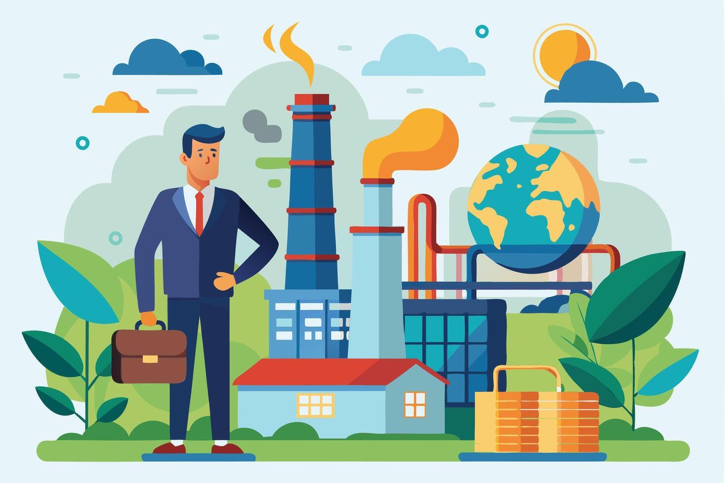 Businessman Analyzing Carbon Tax Price on Factory Emissions for Environmental Responsibility vector