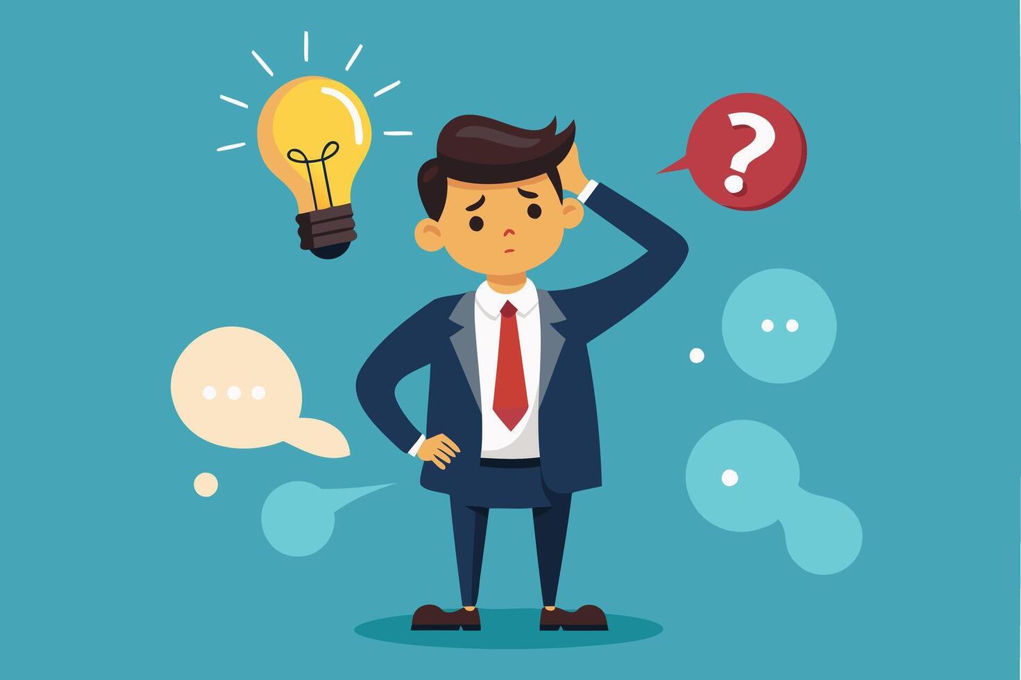 Bad Idea Leads to Failure, Confused Businessman Doubts Evil Lightbulb, Symbolizing Rejected and Negative Opinions vector