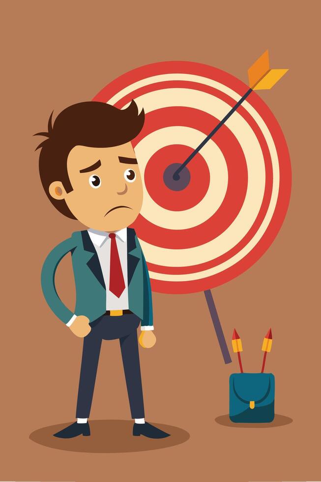Archery Failure, Disappointed Businessman Misses Target, Losing Opportunities and Facing Despair vector