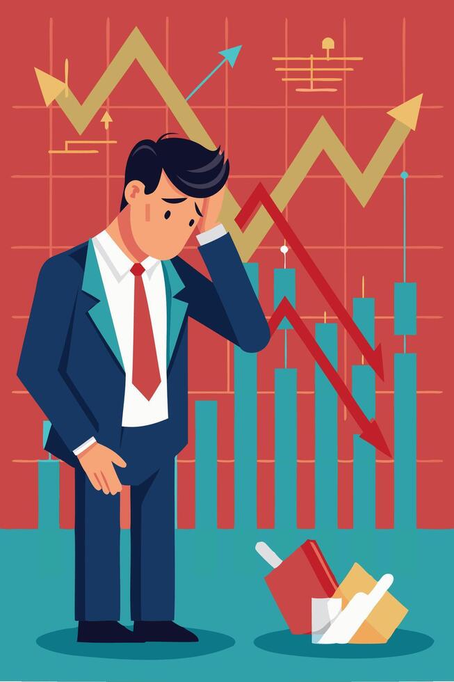 Broke Businessman Investor Devastated by Capital Loss and Stock Market Decline on Red Financial Graph Chart vector