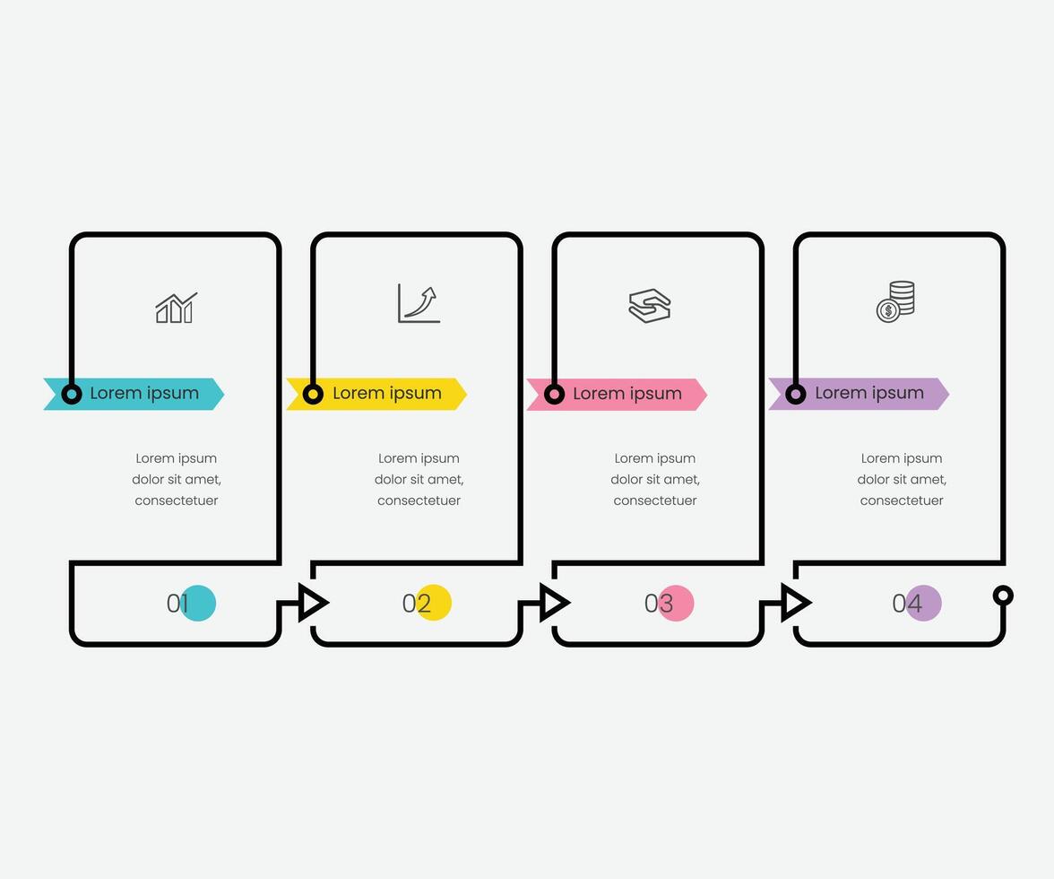 Business infographic template process with simple geometry square, rectangle, circle, triangle, curves in flat design template with thin line icons and 4 steps free illustration vector