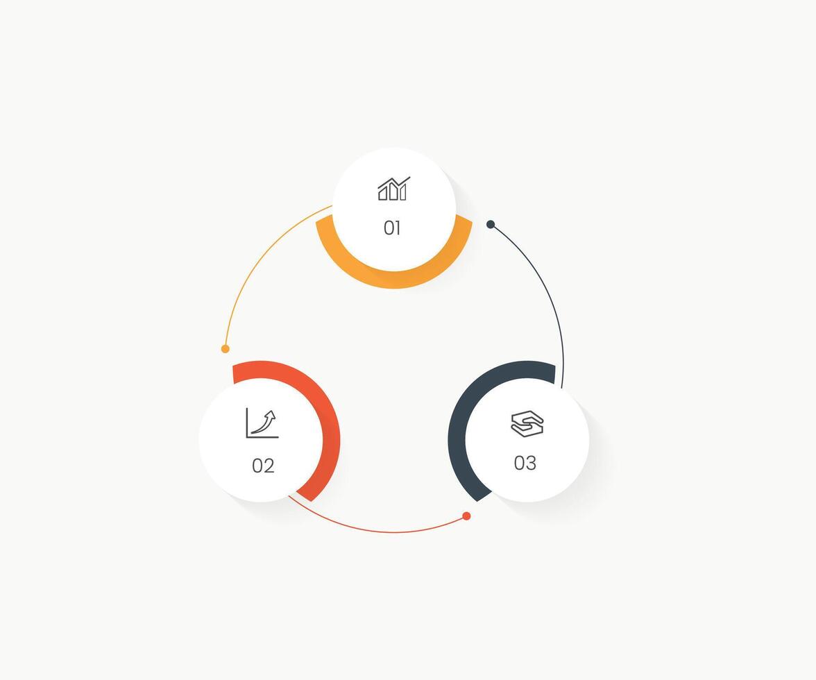 Circular scheme with three round paper white elements. Concept of cyclic business process with 3 stages. Minimal infographic design template. Modern flat free illustration vector
