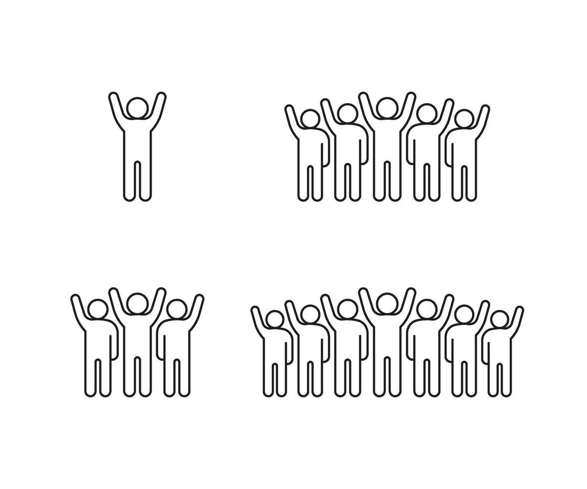 People greeting, wave hand, success, line icon. Person hands up. Happy respect on meeting, fan of game. illustration vector
