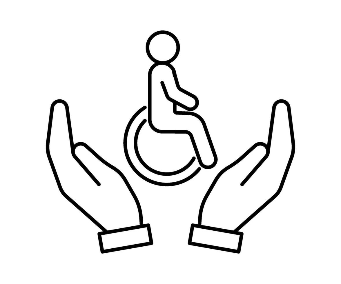 Hand support disability people, inclusion, line icon. Care, protection, help disabled person. Wheelchair. Volunteer support outline illustration vector
