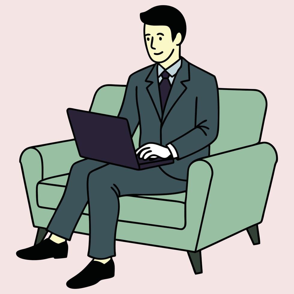 Line art of a business man working with laptop sitting on sofa vector