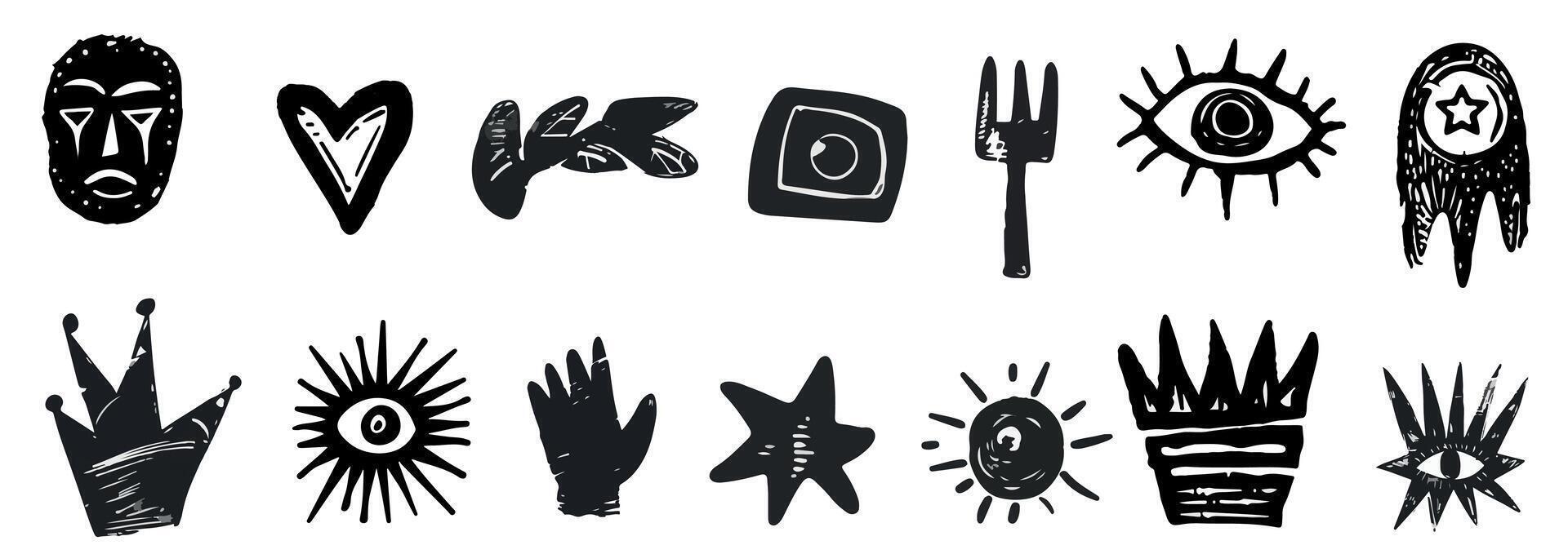 Abstract hand drawn grungy punk tribal shapes, retro naive groovy icons. Charcoal marker scribble elements, geometric shapes, eye, crown, star, flower. illustration of crayon pencil vector