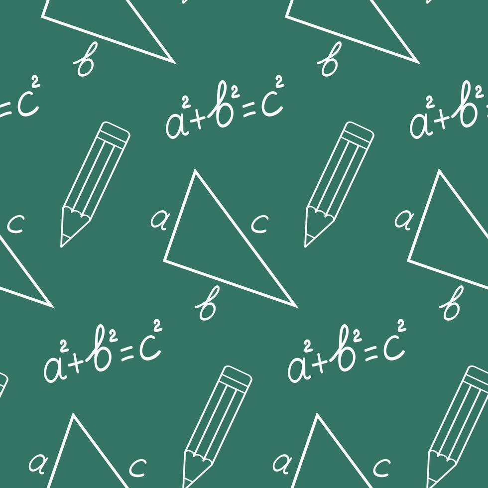 Seamless pattern of hand drawn school doodle geometry formula, and triangle on isolated chalkboard background. Design for back to school prints, scrapbooking, textile, home decor, paper crafts. vector