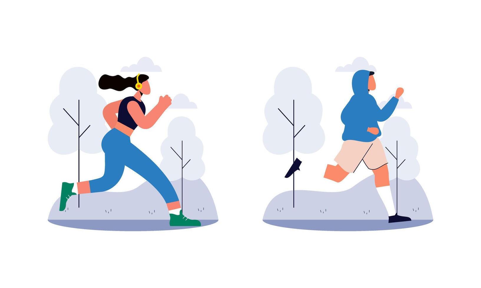 People jogging illustration. Active healthy joggers. Men, women runners running, training outdoors vector
