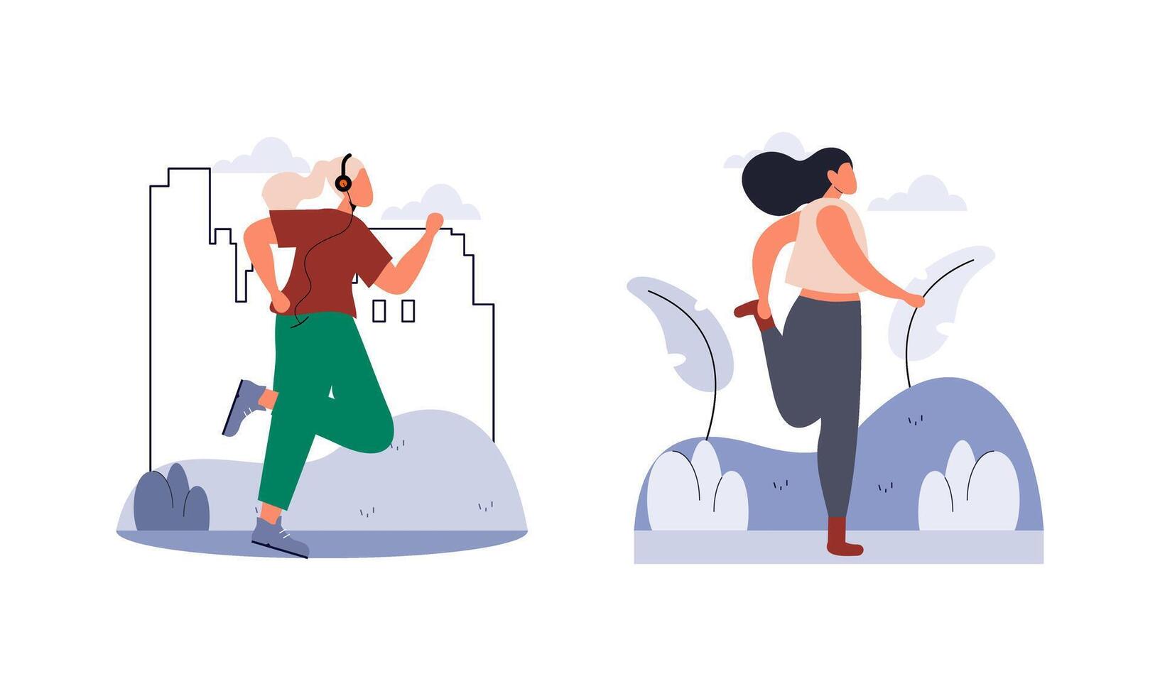 People jogging illustration. Active healthy joggers. Men, women runners running, training outdoors vector